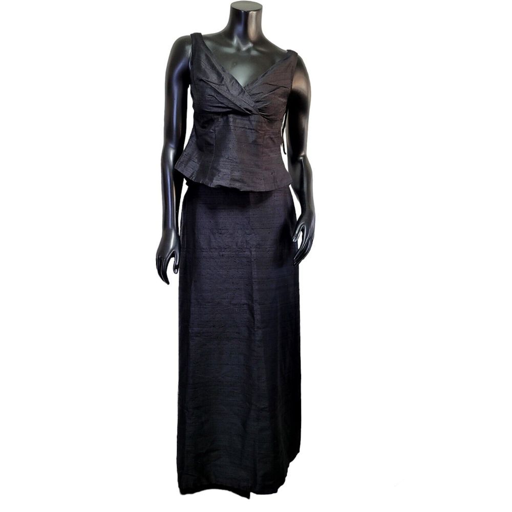 Watters & Watters Black Raw Silk 2pc Peplum Top & Maxi Skirt Set Formal Evening